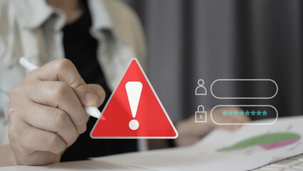Cyber security alert concept with warning icon and login interface overlay. Business professional highlighting digital threat, data breach risk, password vulnerability, online protection 