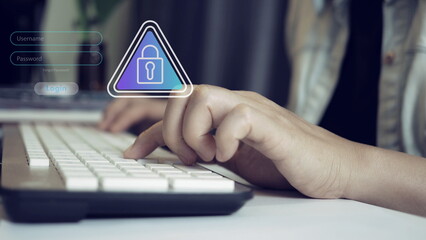 Cyber security login concept with user typing password on keyboard and digital padlock icon interface. Data protection, secure access, authentication system, privacy, online account safety .