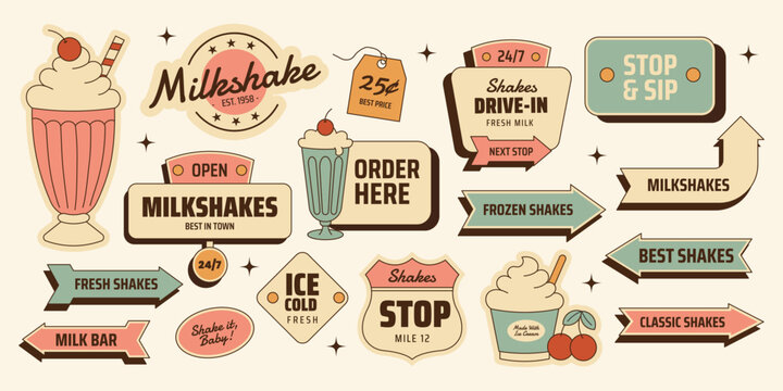 Retro milkshake sticker roadsign set with signs, arrows and badges. Vintage drink and dessert elements for menus, branding, posters. Vector illustration in mid century 50s style