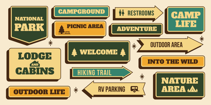 Retro sticker set. National park and outdoor signs, campground, hiking trail, picnic area, nature badges and direction arrows. Vector illustration in vintage colors mid century 1950s style