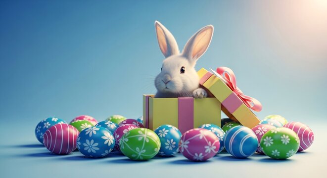 Adorable Easter bunny peeking out from colorful gift box surrounded by vibrant decorated eggs