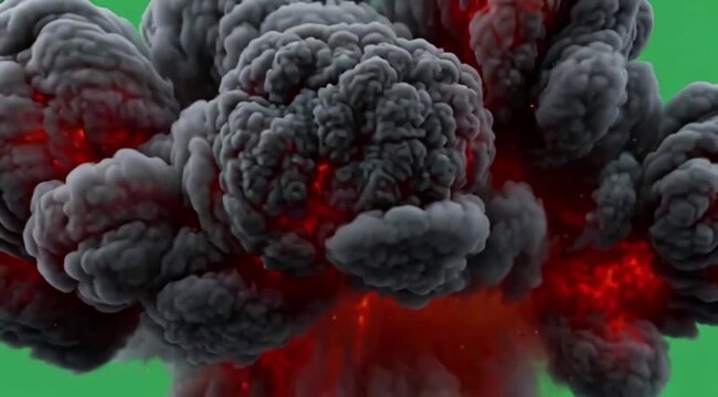 Cinematic explosion, a massive roiling fireball of burning gasoline, intense orange and yellow core with black and grey smoke