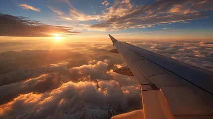 Obraz premium Golden Sunset Flight Over Majestic Snow-Capped Mountains and Clouds