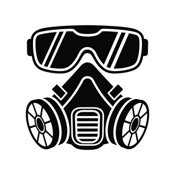 Stylized black silhouette of a respirator mask and protective goggles isolated on transparent background