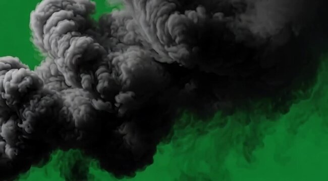 Cinematic, dense black smoke billows with intense, rolling textures, set against a solid pure green background