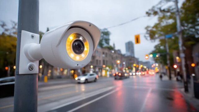 Security camera on a pole overlooking a city street at dusk