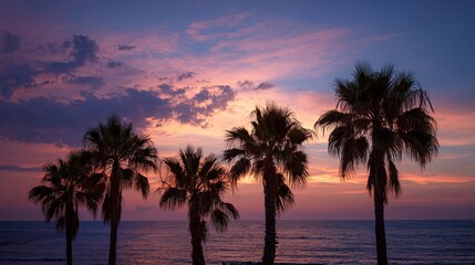 Obraz premium Tropical Sunset Silhouette with Palm Trees and Ocean