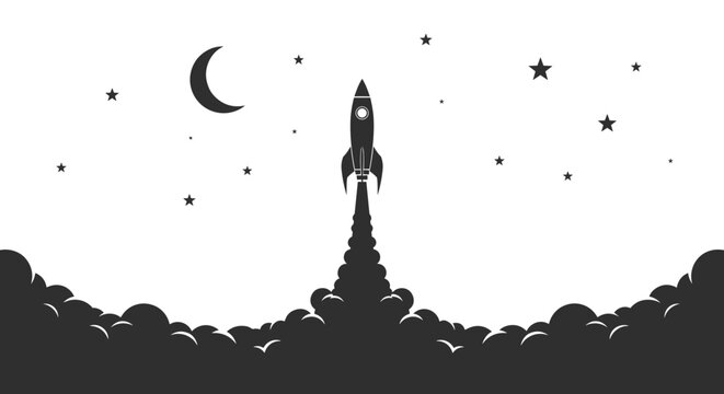 Silhouette of a classic rocket ship blasting off into the starry night sky with a crescent moon and billowing smoke