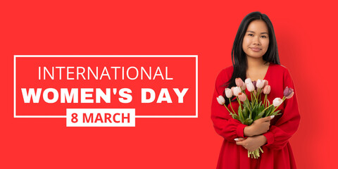 A woman holds flowers in honor of Women's Day celebration