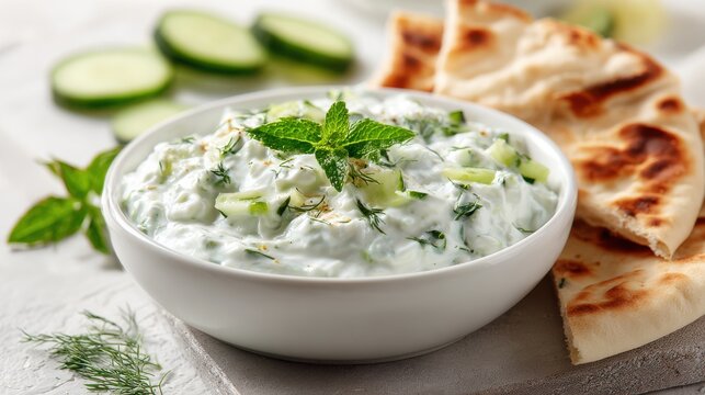 Creamy Cucumber Yogurt Dip With Fresh Mint and Pita Bread Appetizer