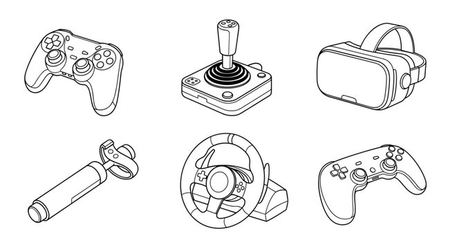 Diverse collection of video game controllers vr headset joystick and steering wheel presented in a clean minimalist