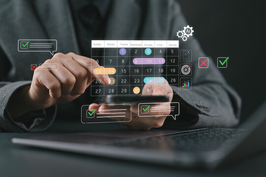 Time management and digital workflow concept with businessman using smartphone calendar app to plan tasks, set reminders, track productivity, and monitor progress with AI automation support.
