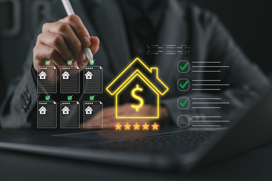 Real estate approval and property rating concept with online mortgage review, five-star home loan rating, digital checklist on laptop, and fintech banking evaluation for property financing.