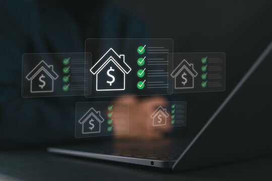 Digital mortgage approval and online home financing process with businessman using laptop, featuring digital loan interface and checklist for real estate fintech and property financing.