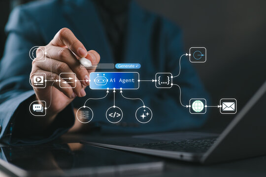 AI agent analyzing big data with digital charts as businessman works on laptop, representing smart automation, productivity improvement, and data-driven business decision making.