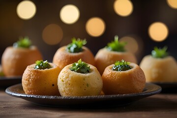 Traditional pani puri presentation, shallow depth of field, bokeh background
