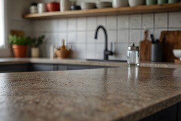 Kitchen countertop mockup, shallow depth of field, defocused background
