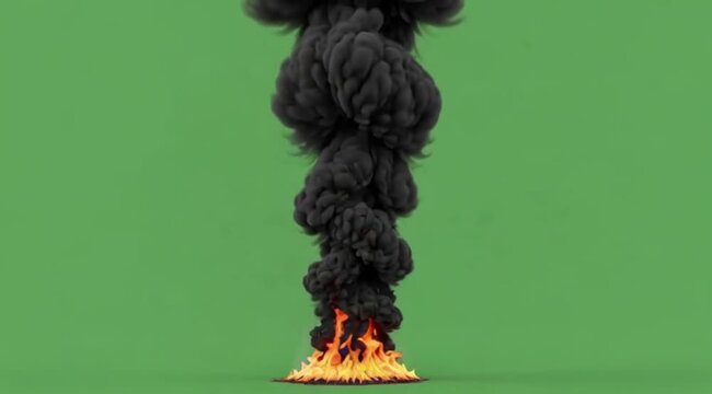 A dense, black smoke plume rising from a persistent ground fire, thick oily smoke, glowing embers within