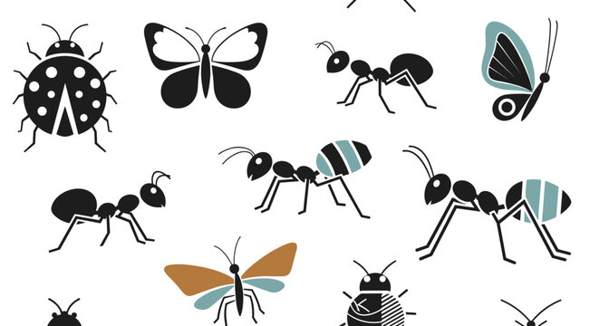 Seamless pattern with stylized illustrations of various insects like ants butterflies and ladybugs in a simple modern design.