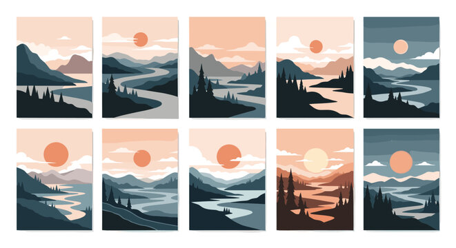 A collection of ten vertical pixel art posters showing beautiful minimalist landscapes of mountains rivers and sunsets.