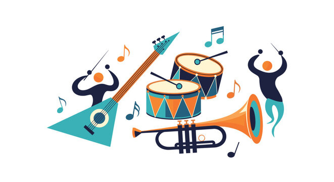 Energetic illustration of musical instruments like a guitar trumpet and drums with dancing figures and floating musical notes.