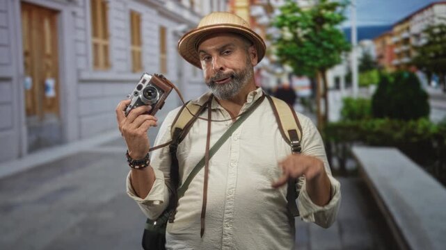 Man holding vintage camera up on a city street with backpack and pith helmet, hand gripping lens; urban curiosity.