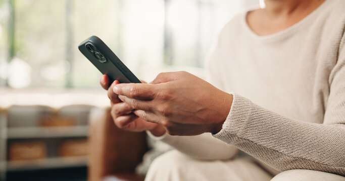 Woman, hands and texting with phone in home for social media, communication or network. Scroll, female person or user browsing on mobile smartphone app or research for online chat or typing in house