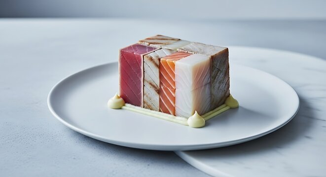 A modern dessert presentation featuring a square cake on a white plate