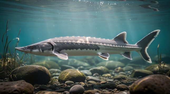 A sturgeon fish swims gracefully underwater over a rocky riverbed with aquatic plants in a clear freshwater environment.