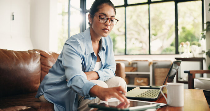 Remote work, tablet and woman on sofa for editing report, article review and online submission. Freelancer, home and person on tech for story research, proofreading and planning for copywriting