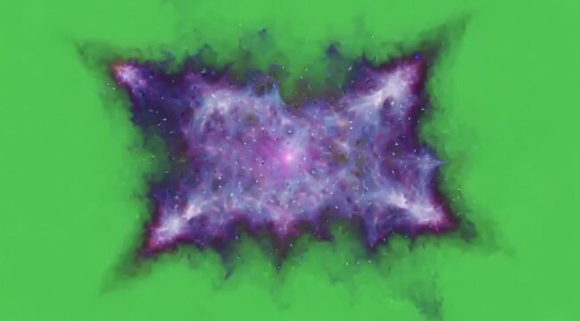 A swirling cloud of interstellar dust and gas in deep purples, blues, and pinks, isolated as a smoke element on a solid green screen