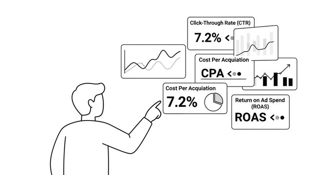 Man Interacting with Digital Marketing Metrics Display.