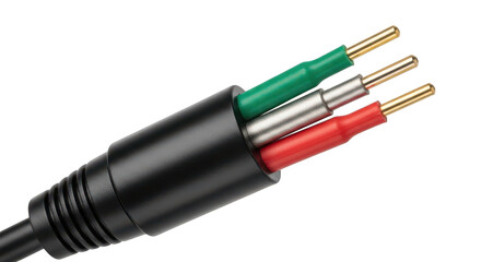 Black audio cable with three gold prongs on transparent background