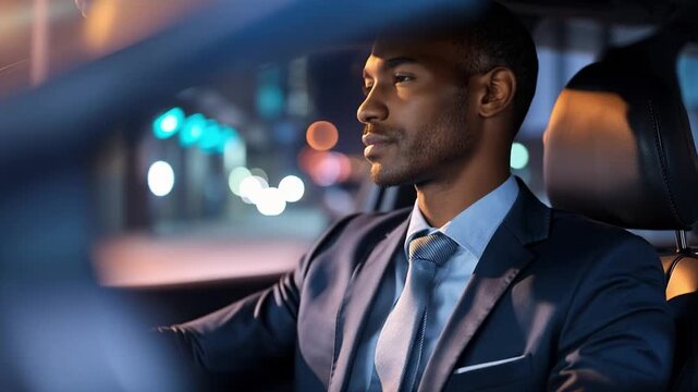 Confident Professional in a Suit Driving at Night: A Glimpse into a Man's Journey Captured Inside a Stylish Car with City Lights in the Background