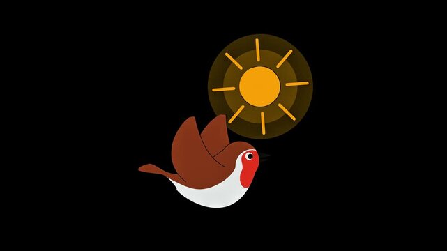 Cute Robin Bird Flying with Sun Icon Flat Design Illustration