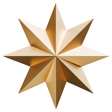 Gold faceted star octagram abstract shape and glossy metallic geometric graphic art object, 3d illustration