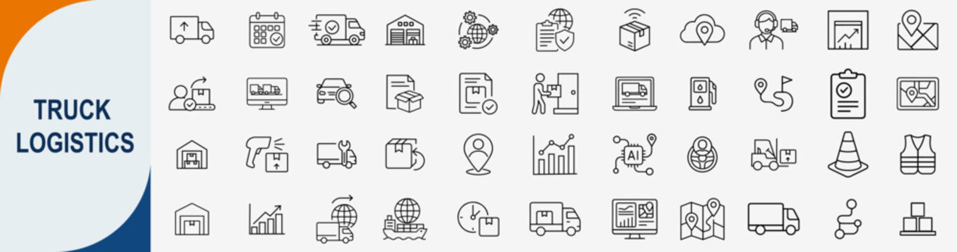 Truck logistics and supply chain management icons set, outline symbols for freight delivery warehouse transportation and global shipping vector illustration