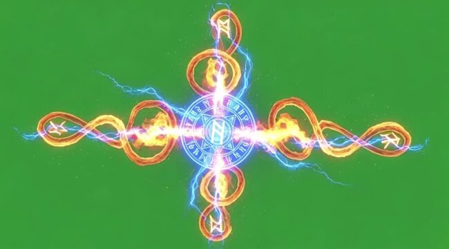 An explosion originating from a glowing magical rune, fiery tendrils following intricate patterns, mix of orange fire and blue magical energy