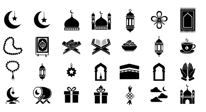 Collection of Islamic symbols and elements for Ramadan and Eid celebrations, including mosque, Quran, prayer mat, and crescent moon