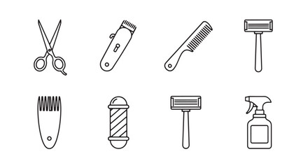 Obraz premium Barbershop Tools Outline Stroke Vector Icon Set with Scissors Clipper Comb Razor Pole Spray, Minimalist Design