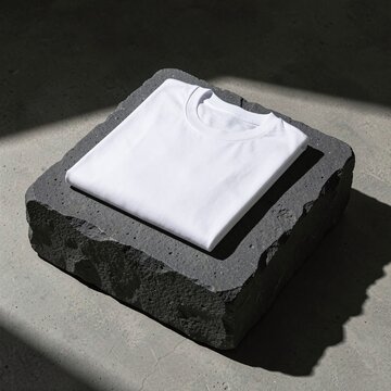Plain white t-shirt folded on a rough, textured stone block, studio lighting