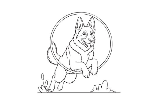 German Shepherd Coloring Page Outline Vector Illustration for Kids, Funny German Shepherd Coloring book