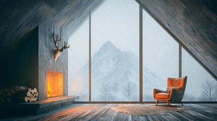 Fototapeta premium Cozy cabin interior with fireplace and mountain view in winter