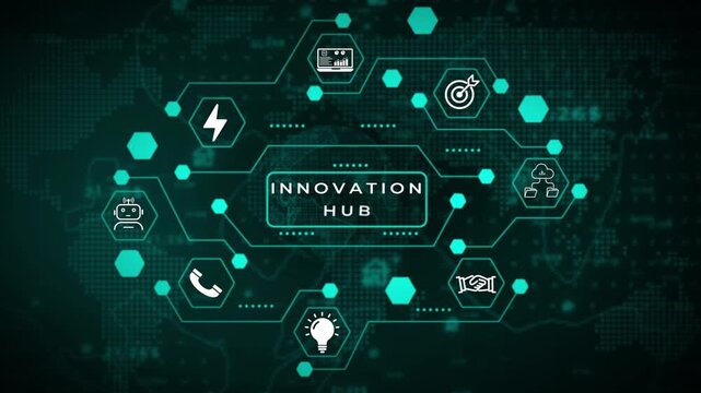 Digital network connections and data flow visualized with glowing teal hexagonal nodes and a central rectangular interface against a dark teal map background with subtle grid patterns and glowing