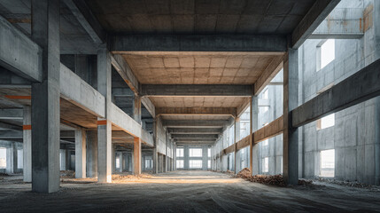 Empty Concrete Structure of an Industrial Building Under Construction