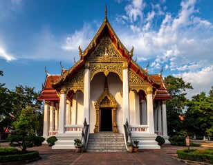 Fototapeta premium Stunning Architectural Marvel - A Majestic Temple Under a Clear Blue Sky.