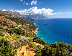 Obraz premium Stunning coastal landscape featuring vibrant blue ocean, lush greenery, and majestic mountains under a bright sunny sky.