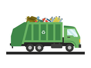 green garbage recycling truck loaded various types waste recyclables
