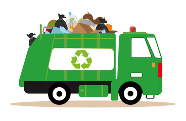 green garbage recycling truck loaded various types waste recyclables