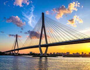 Obraz premium Stunning Cable-Stayed Bridge Spanning River at Sunset with Beautiful Sky.